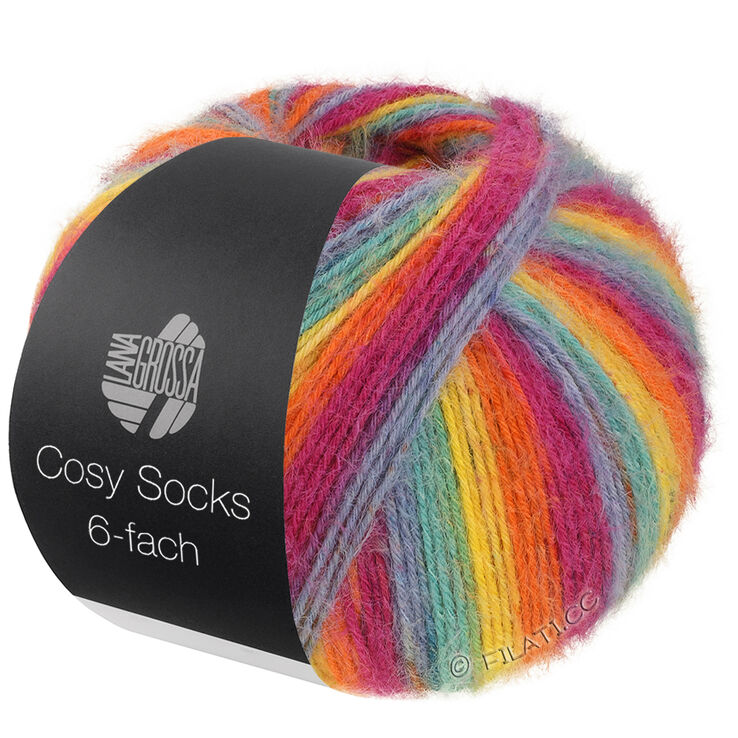 Lana Grossa MEILENWEIT 6-FACH 150g Cosy Socks Multi Stripes | 2201-blu fumo/turchese  /giallo/arancio/fucsia