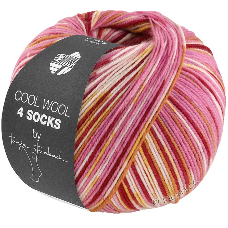 Lana Grossa COOL WOOL 4 SOCKS PRINT III | 7201-rosa vivo/rosso vino/ecru/giallo/cammello
