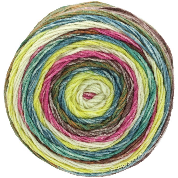 Lana Grossa GOMITOLO MEILENWEIT | 4012-verde chiaro/verde turchese/ottanio/marrone scuro/rosa vivo/arancio/giallo limone